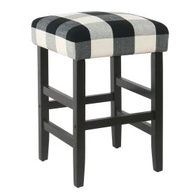 Square Wooden Counter Stool with Buffalo Plaid Fabric Upholstered Seat, Black and White