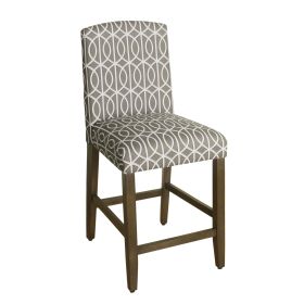 Fabric Upholstered Wooden Barstool with Trellis Pattern Cushioned Seat, Multicolor