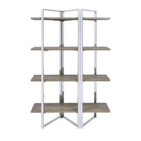 Geometric Metal Framed Bookshelf with Four Open Wooden Shelves, Brown and Silver