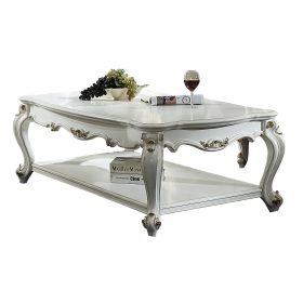 Traditional Style Wooden Coffee Table with Polyresin Carvings and Bottom Shelf, White