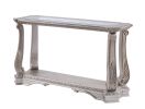 Antique Sofa Table with Polyresin Engravings and Clear Glass Top, Silver and Clear