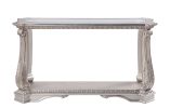 Antique Sofa Table with Polyresin Engravings and Clear Glass Top, Silver and Clear