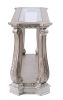 Antique Sofa Table with Polyresin Engravings and Clear Glass Top, Silver and Clear