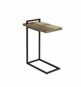 Contemporary Style Metal Accent Table with Wooden Top and USB Port, Brown and Bronze