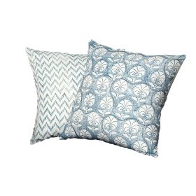 18 x 18 Square Cotton Accent Throw Pillow, Floral and Chevron Patterns, Set of 2, White, Blue