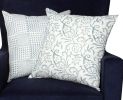 18 x 18 Square Cotton Accent Throw Pillow, Paisley Floral and Square Patterns, Set of 2, White, Blue