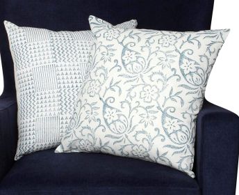 18 x 18 Square Cotton Accent Throw Pillow, Paisley Floral and Square Patterns, Set of 2, White, Blue