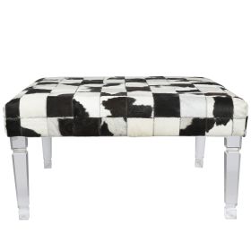 Cow Hide Upholstered Bench with Acrylic Legs, White and Black