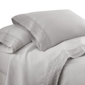 Udine 3 Piece Twin Size Microfiber Sheet Set with Crochet lace The Urban Port, Gray