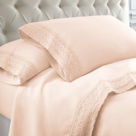 Udine 4 Piece King Size Microfiber Sheet Set with Crochet Lace The Urban Port, Pink