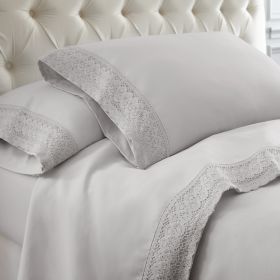 Udine 4 Piece California King Size Sheet Set with Crochet Lace The Urban Port, Gray