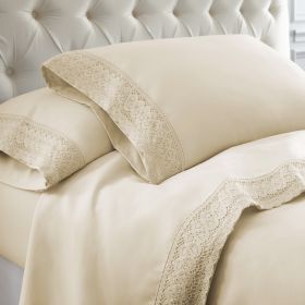 Udine 4 Piece California King Size Sheet Set with Crochet Lace The Urban Port, Cream