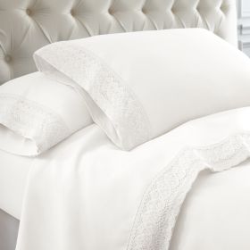 Udine 4 Piece California King Size Sheet Set with Crochet Lace The Urban Port, White