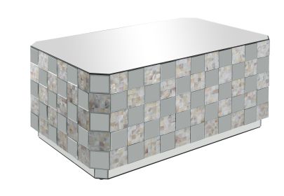 Wooden Coffee Table with Checkered Pattern Mirror Insets, Silver
