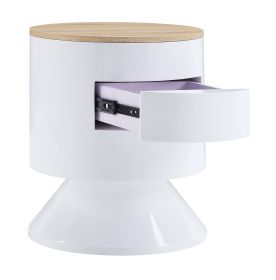 1 Drawer Pyramidal Base Circular Wooden Night Table, White and Brown