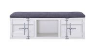Metal Bench with Open Storage and Tufted Fabric Seat, White and Gray