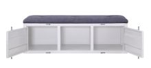 Metal Bench with Open Storage and Tufted Fabric Seat, White and Gray