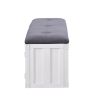 Metal Bench with Open Storage and Tufted Fabric Seat, White and Gray