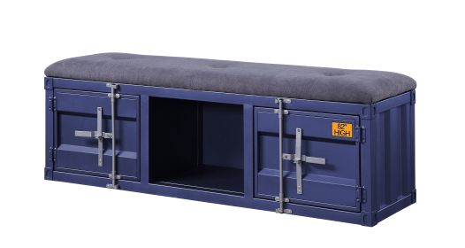 Industrial Metal and Fabric Bench with Open Storage, Blue and Gray