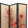 3 Panel Wooden Screen with Hand painted Fabric Design, Red and Brown