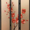 3 Panel Wooden Screen with Hand painted Fabric Design, Red and Brown