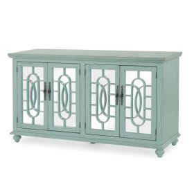 Trellis Front Wood and Glass TV stand with Cabinet Storage, Mint Green
