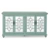 Trellis Front Wood and Glass TV stand with Cabinet Storage, Mint Green
