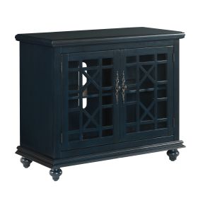 Transitional Wood and Glass TV Stand with Trellis Cabinet Front, Dark Blue