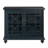 Transitional Wood and Glass TV Stand with Trellis Cabinet Front, Dark Blue