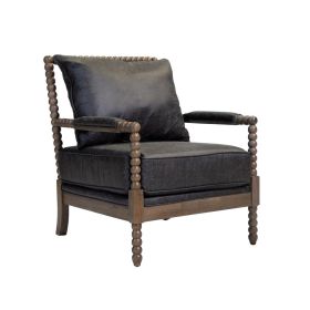 Leatherette Wooden Accent Chair with Beaded Frame, Gray and Brown