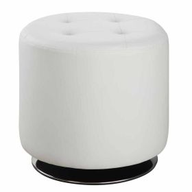 18 Inch Round Swivel Ottoman, Vegan Faux Leather, Tufted Seat, White, Chrome