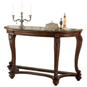 Halfmoon Shape Wooden Sofa Table with Glass Inserted Top, Brown