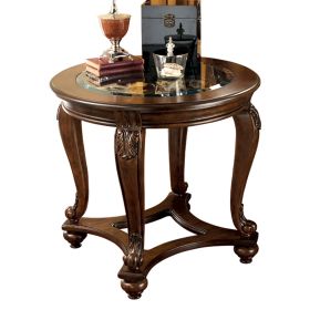 Wooden Round End Table with Cabriole Legs and Glass Top, Brown