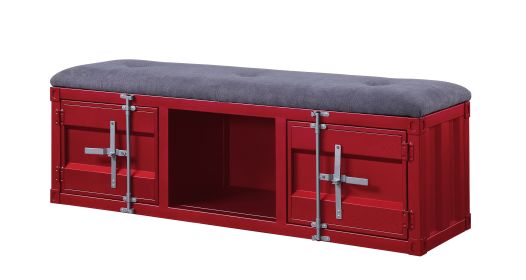 2 Metal Door Storage Bench with Open Compartment and Fabric Upholstery, Red