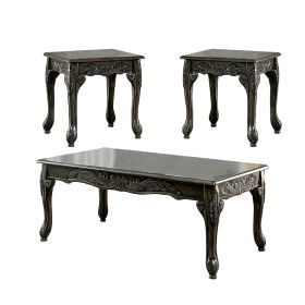 3 Piece Table Set with Cabriole Legs and Wooden Floral Motifs, Gray