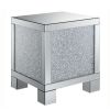 Wooden End Table with Infused Crystals on Mirrored Panel, Silver and Clear