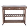 2 Drawers Wooden Kitchen Cart with Metal Top and Casters, Gray and Brown