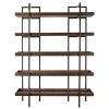 Bookcase with 5 Fixed Wooden Shelves and Metal Frame, Brown and Black