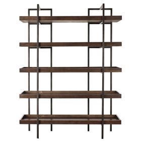 Bookcase with 5 Fixed Wooden Shelves and Metal Frame, Brown and Black