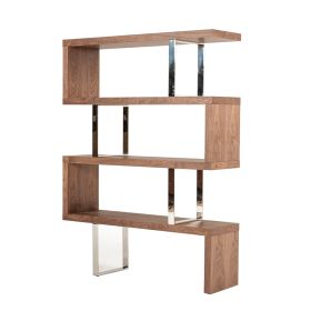 Zig Zag Wooden Frame Shelf Unit with Metal Braces Support, Brown and Silver