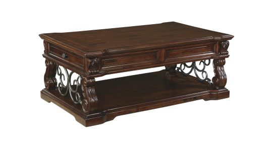 2 Drawer Scroll Lift Top Cocktail Table with Open Bottom Shelf, Brown
