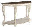 Crescent Moon Wooden Sofa Table with Engraved Details, Brown and White