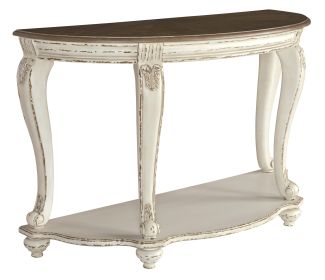 Crescent Moon Wooden Sofa Table with Engraved Details, Brown and White