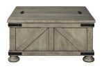 Farmhouse Cocktail Table with Lift Top Storage and Crossbuck details, Gray