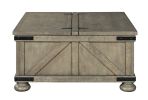 Farmhouse Cocktail Table with Lift Top Storage and Crossbuck details, Gray
