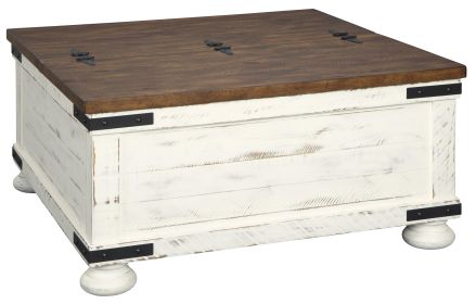 Farmhouse Two Tone Cocktail Table with Lift Top Storage, Brown and White
