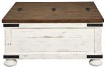 Farmhouse Two Tone Cocktail Table with Lift Top Storage, Brown and White