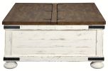 Farmhouse Two Tone Cocktail Table with Lift Top Storage, Brown and White
