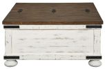 Farmhouse Two Tone Cocktail Table with Lift Top Storage, Brown and White
