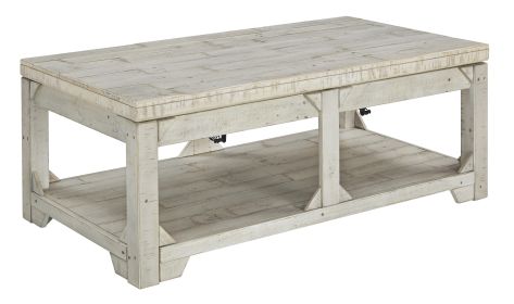 48 Inch Farmhouse Style Lift Top Coffee Table, Open Bottom Shelf, White